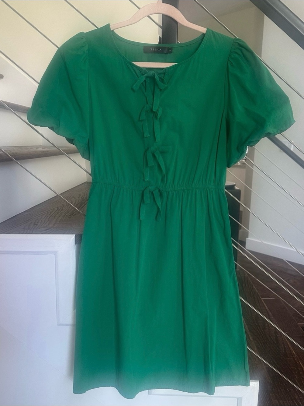 ZESICA Green Mini Dress Puff Sleeve Tie Front Elastic Waist Boho | Size: S